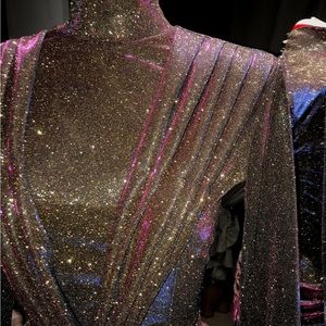 Sparkling designer S.I.N. golden new year dress with pink & blue sparkles